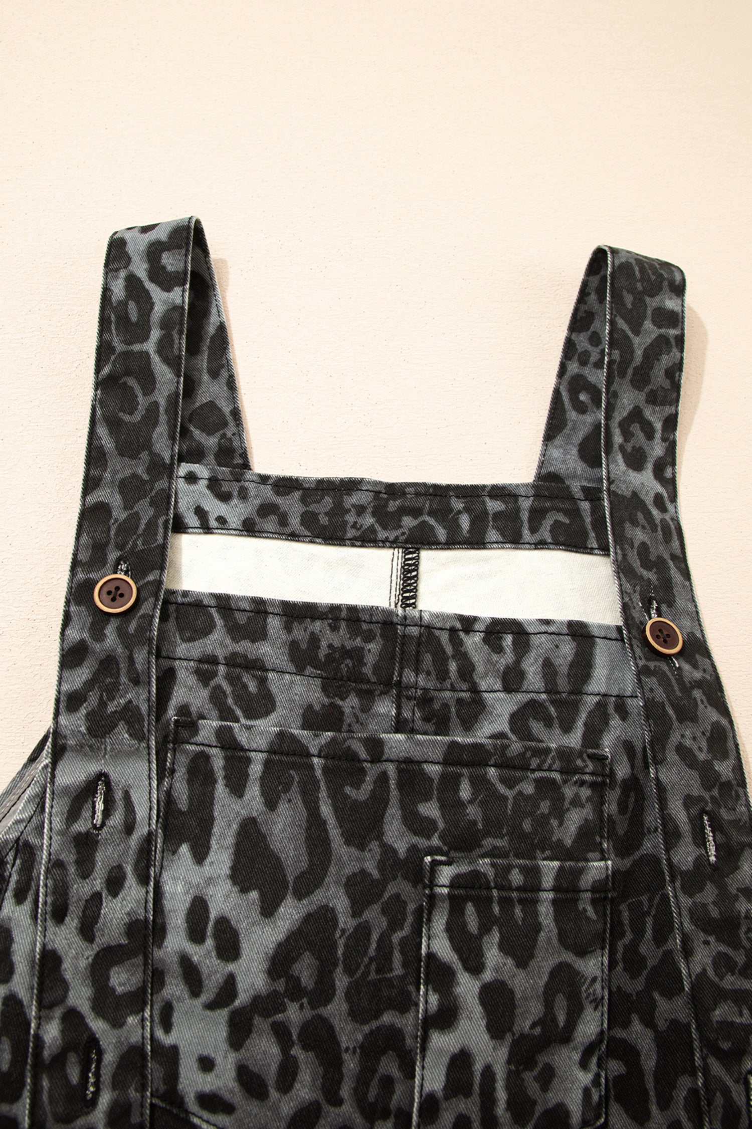 Gray Leopard Print Button Adjustable Straps Cropped Loose Denim Overalls
