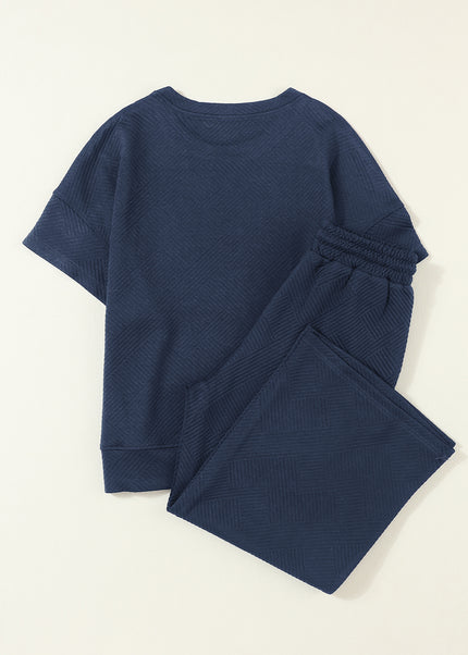 Black Textured Loose Fit T Shirt and Drawstring Pants Set