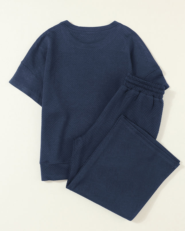 Black Textured Loose Fit T Shirt and Drawstring Pants Set