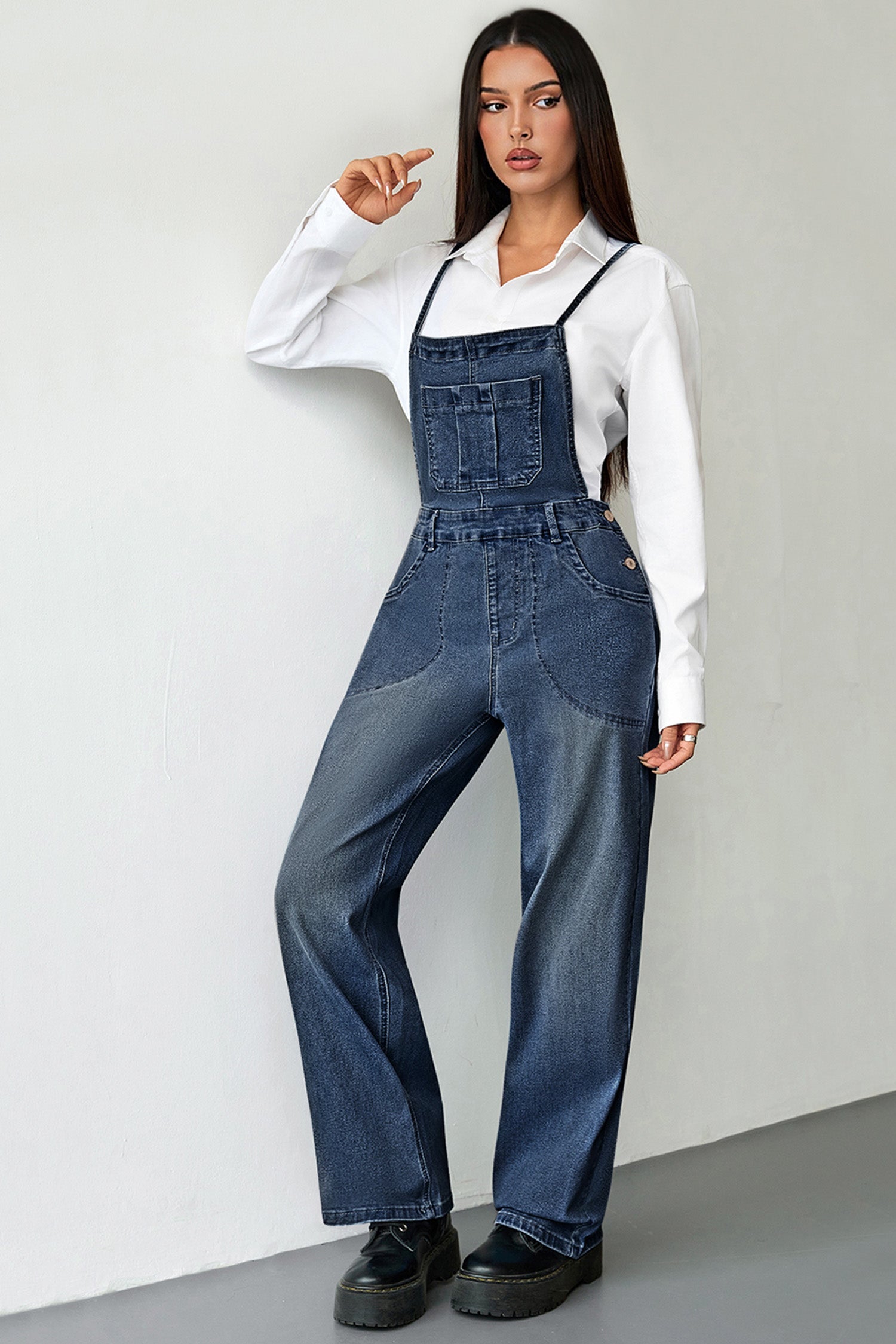 Dark Blue Crossed Tie Straps Bib Pocket Loose Denim Overalls