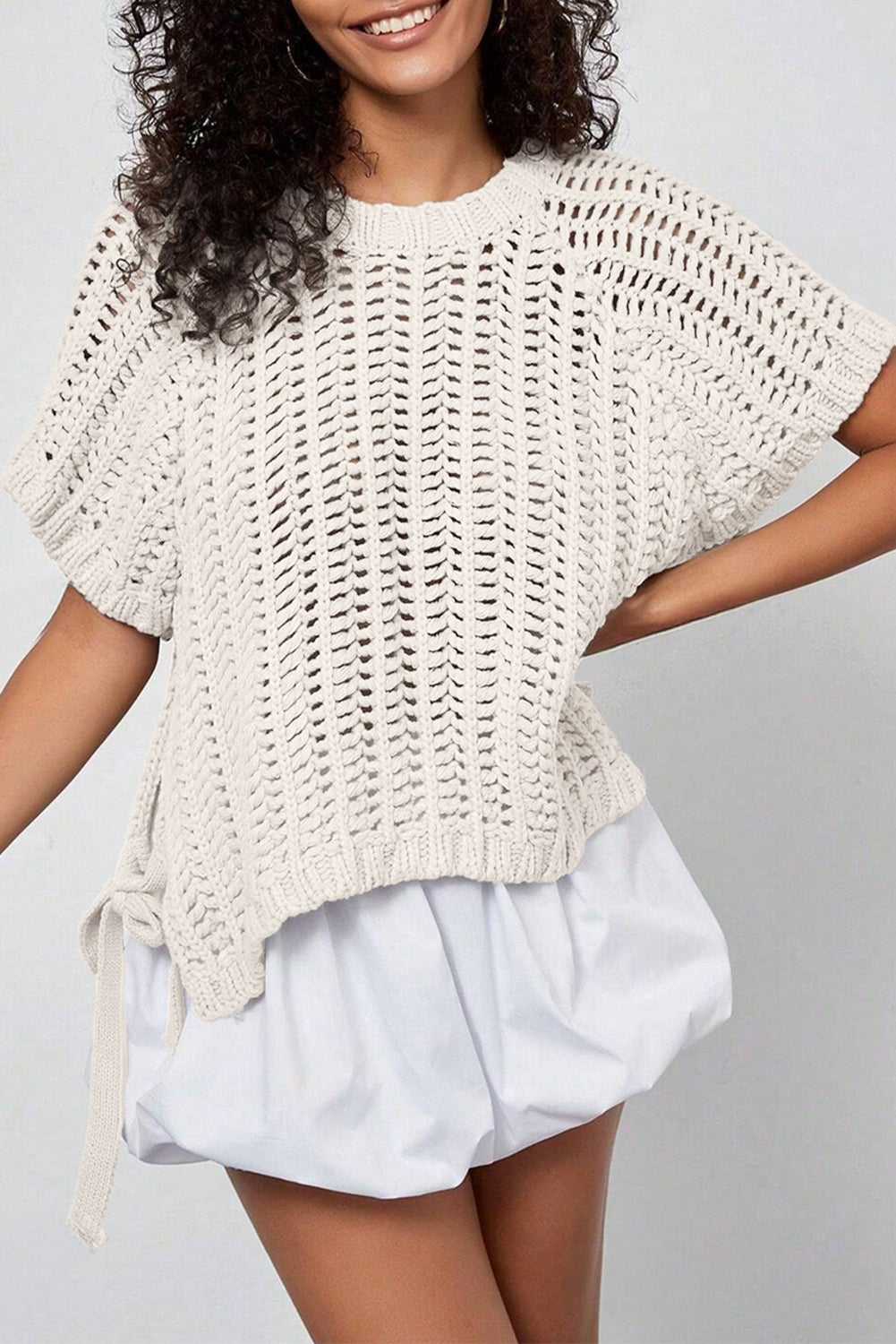 Apricot Plus Size Open Knit Bow Tie Short Sleeve Sweater