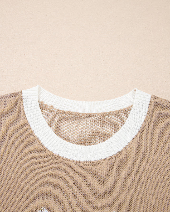 Goat Horse Shoe Pattern Contrast Trim Short Sleeve Sweater