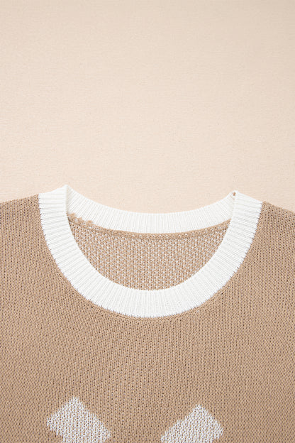 Goat Horse Shoe Pattern Contrast Trim Short Sleeve Sweater