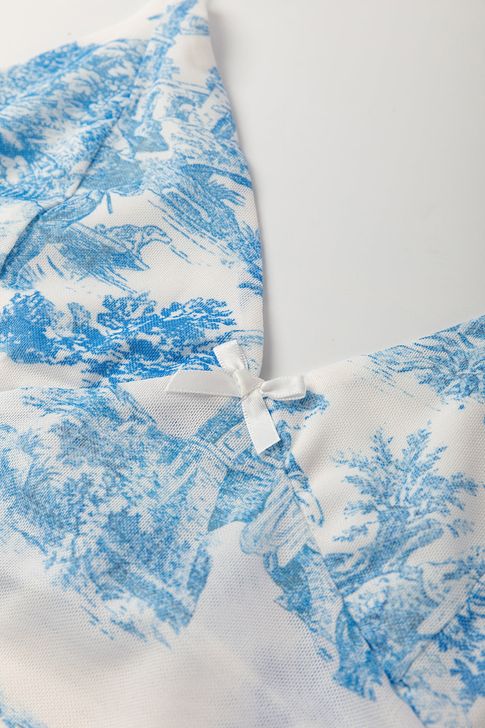 Sky Blue Random Printed Mesh Bow Detail Halterneck Tank Top