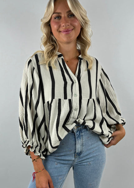 Orange Stripe Crinckled Ruffled Sleeve Button up Loose Shirt