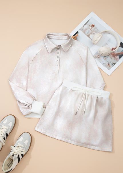White Abstract Woodland Print Balloon Sleeve Pullover Drawstring Mini Skort Set