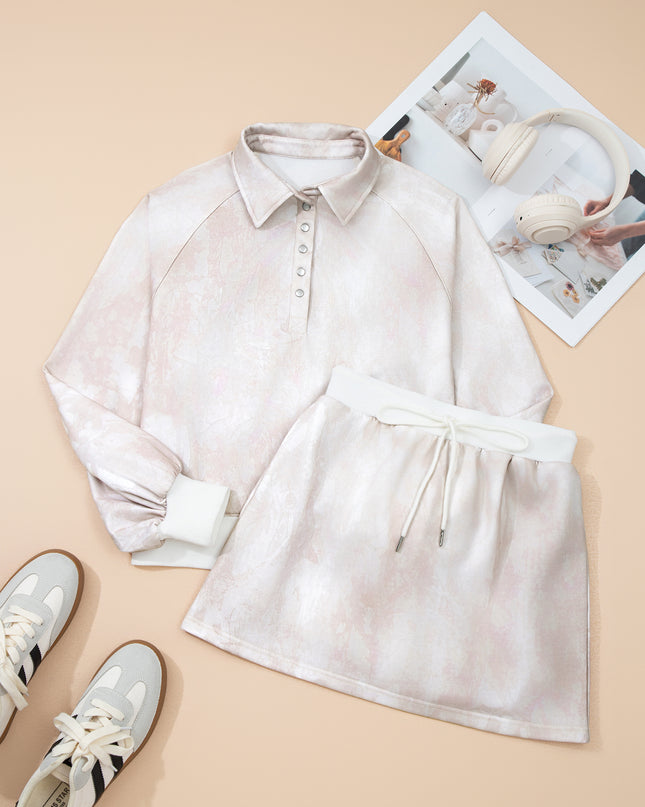 White Abstract Woodland Print Balloon Sleeve Pullover Drawstring Mini Skort Set