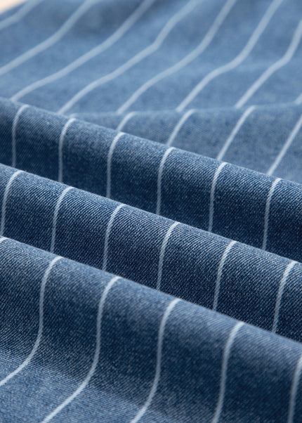 Sky Blue Stripe Button Pleated Drawstring Waist Casual Wide Leg Jeans