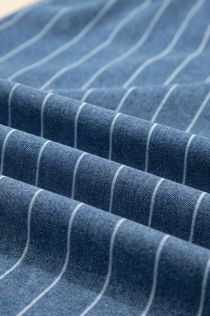 Sky Blue Stripe Button Pleated Drawstring Waist Casual Wide Leg Jeans