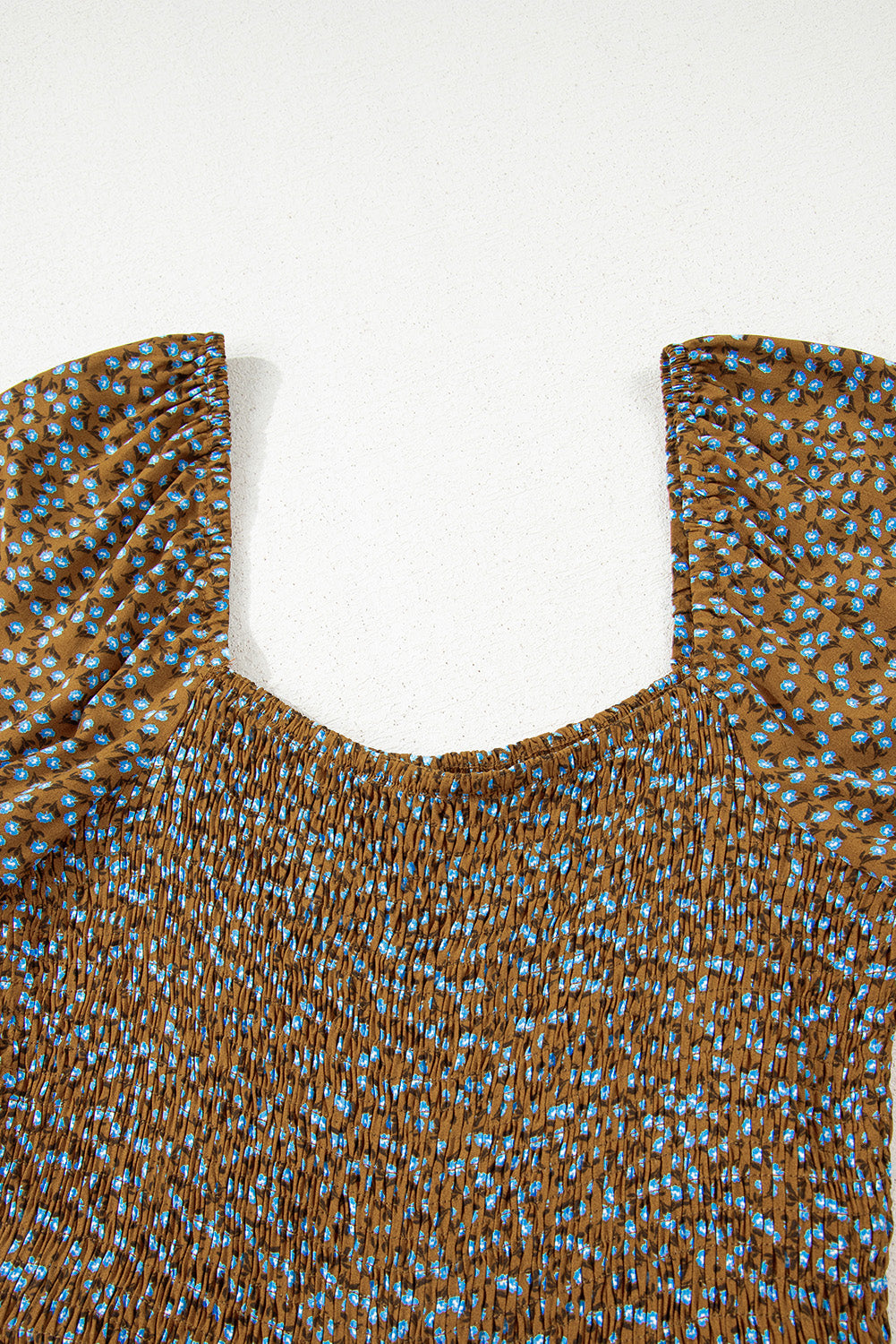 Brown Floral Print Western Smocked Bodice Square Neck Wide Leg Jumpsuit