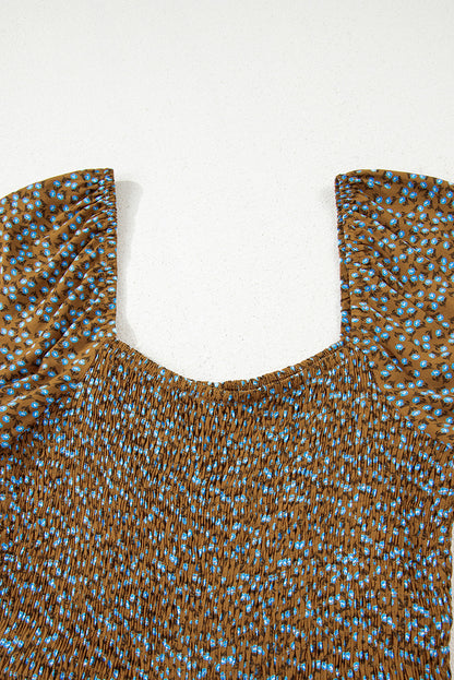 Brown Floral Print Western Smocked Bodice Square Neck Wide Leg Jumpsuit