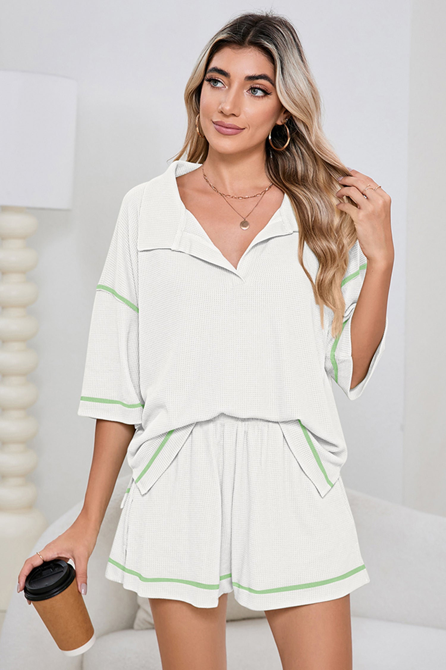 Pink Breathable Waffle Color Block Trim 2pcs Casual Short Set