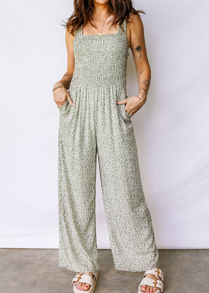 Green Smocked Bodice Square Neck Sleeveless Floral Jumpsuit