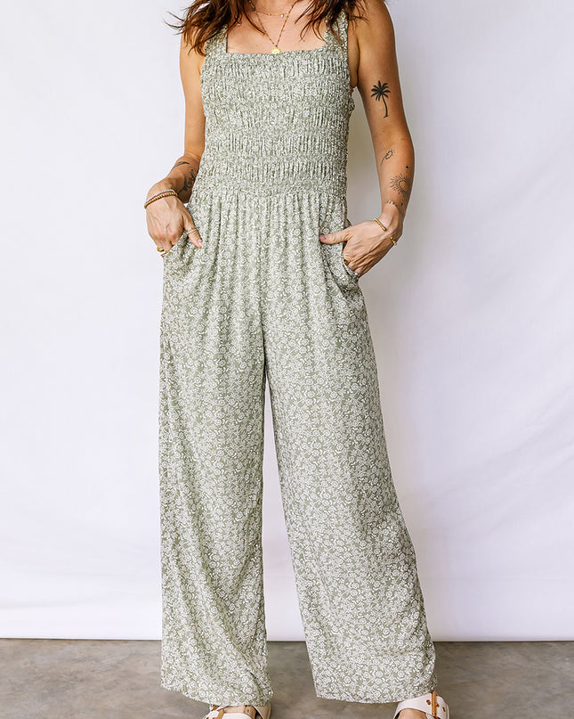 Green Smocked Bodice Square Neck Sleeveless Floral Jumpsuit