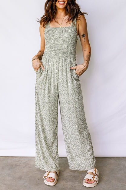 Green Smocked Bodice Square Neck Sleeveless Floral Jumpsuit