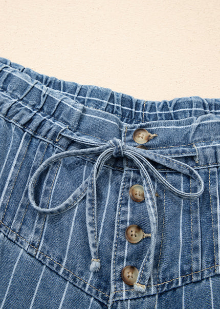 Sky Blue Stripe Button Pleated Drawstring Waist Casual Wide Leg Jeans