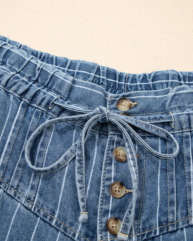 Sky Blue Stripe Button Pleated Drawstring Waist Casual Wide Leg Jeans