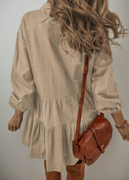Tan Puff Sleeve Buttoned Tiered Pleated Shirt Mini Dress