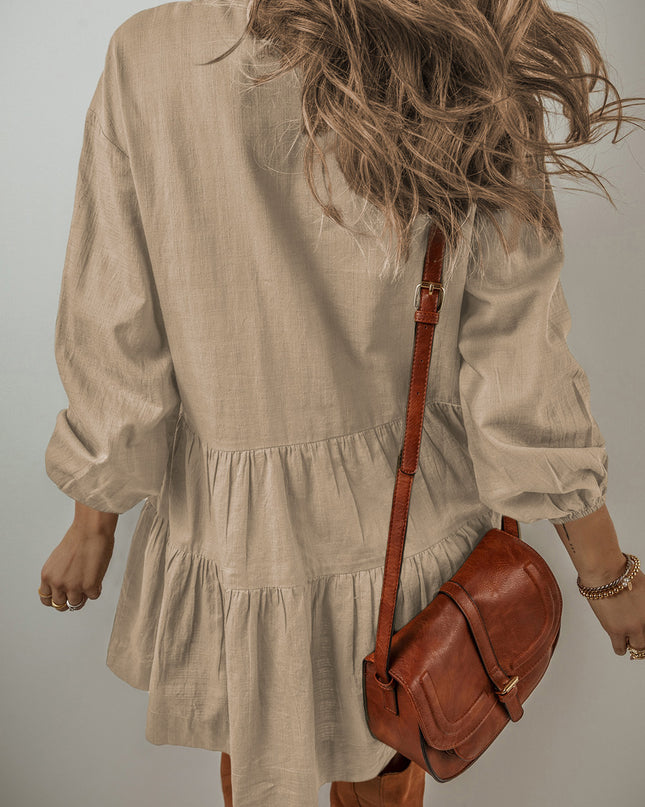 Tan Puff Sleeve Buttoned Tiered Pleated Shirt Mini Dress