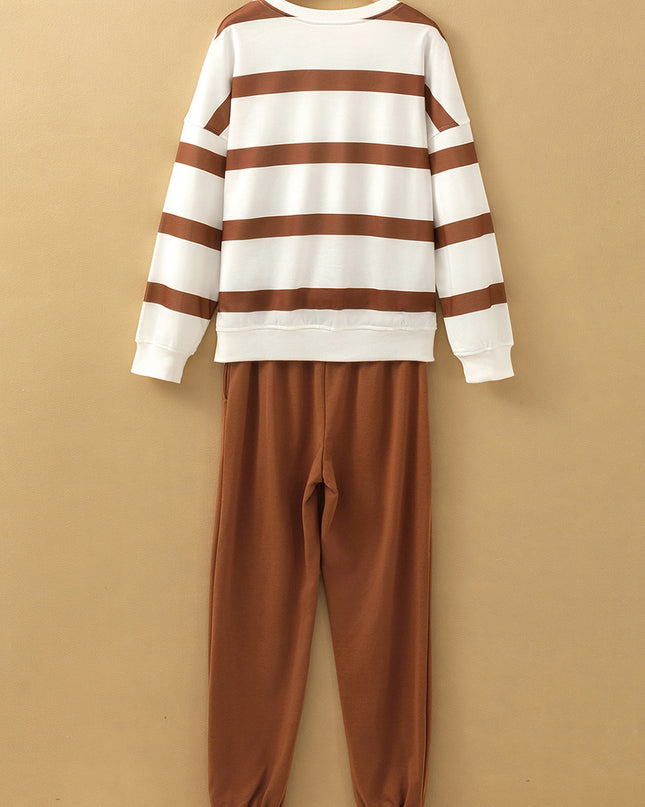 Brown Stripe Striped Drop Shoulder Pullover and Jogger Pants Set