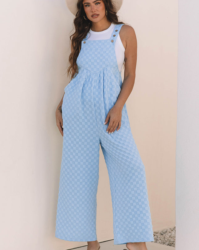 Beau Blue Checkered Pocketed High Waist Wide Leg Overall