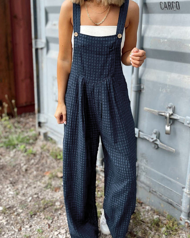Sail Blue Plaid Print Buttoned Pocketed High Waist Overall