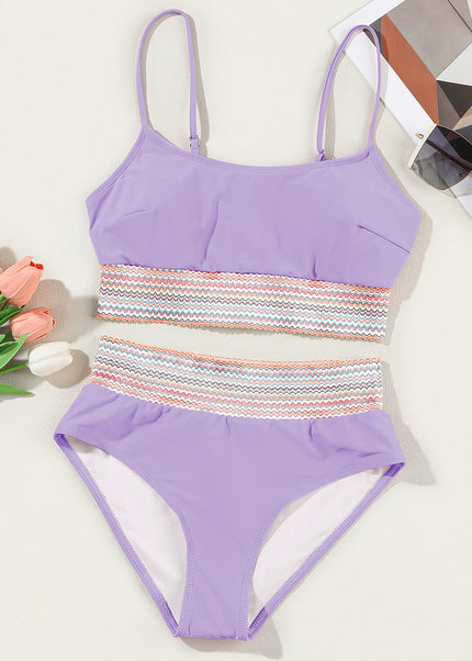 Peach Blossom Striped Patchwork Spaghetti Strap High Waist Bikini Swimsuit