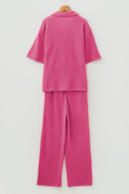 Rose Red Solid Color Textured Buttoned Shirt and Casual Pants Set