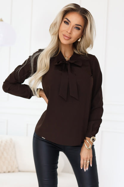 140-29 Business blouse with long sleeves and a tie at the front - chocolate