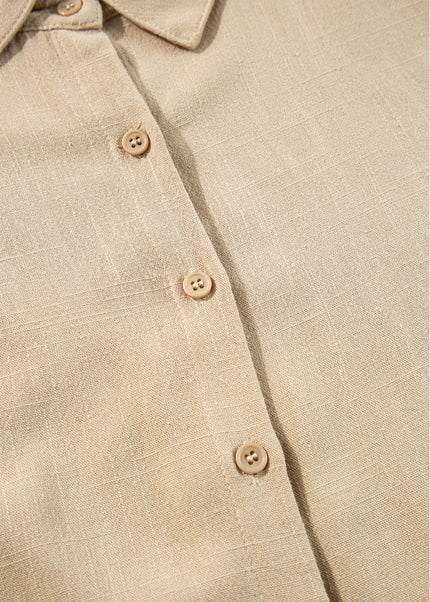 Tan Puff Sleeve Buttoned Tiered Pleated Shirt Mini Dress