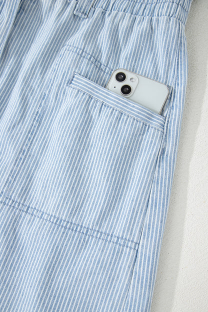 Sky Blue Stripe Collared Button Front Sleeveless Denim Mini Dress