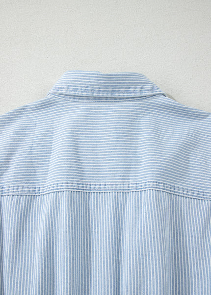 Sky Blue Stripe Collared Button Front Sleeveless Denim Mini Dress