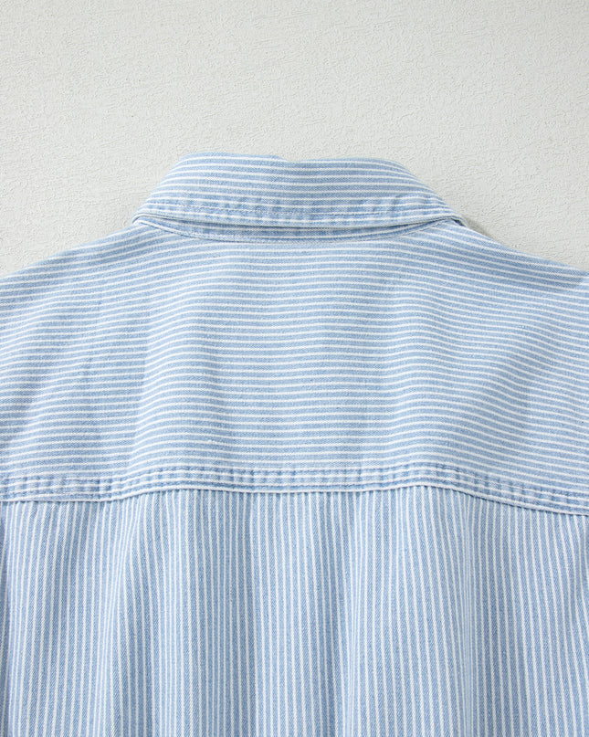 Sky Blue Stripe Collared Button Front Sleeveless Denim Mini Dress