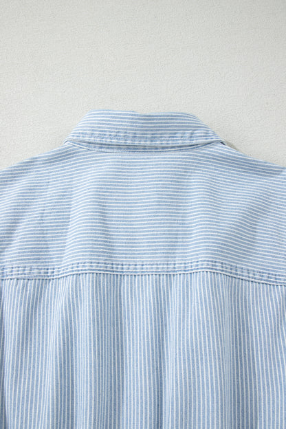 Sky Blue Stripe Collared Button Front Sleeveless Denim Mini Dress