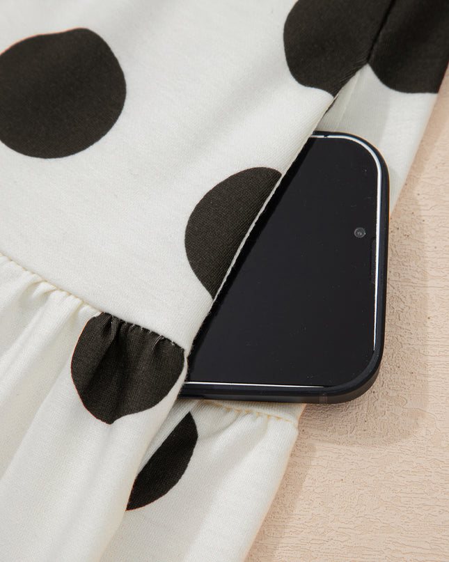 White Polka Dot Printed Long Sleeve Flared Mini Dress