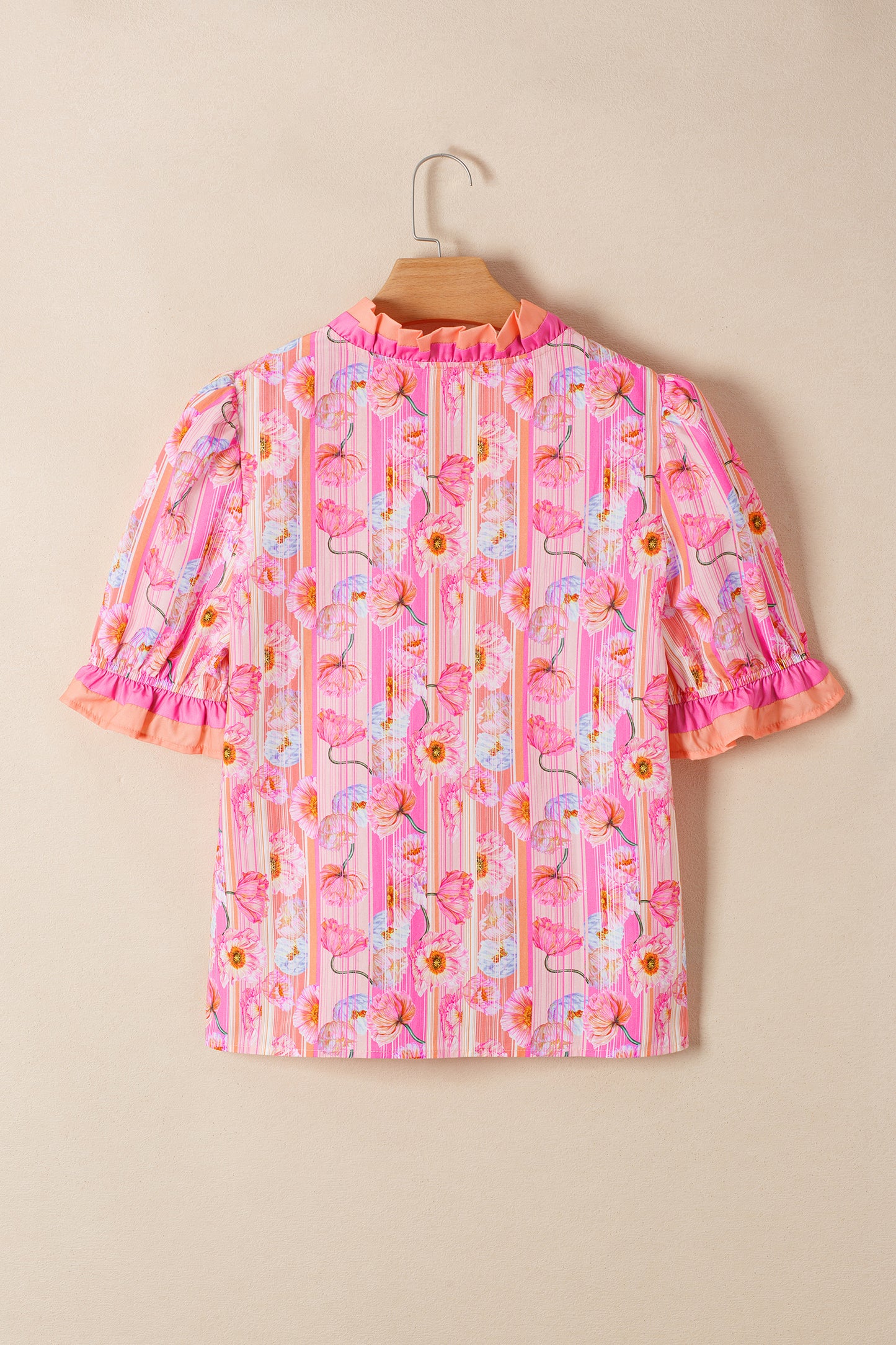Pink Poppy Flower Striped Print Color Block Trim V Neck Short Sleeve Blouse