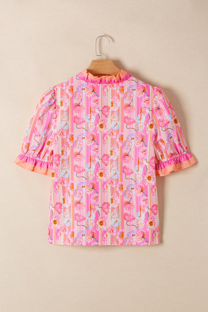 Pink Poppy Flower Striped Print Color Block Trim V Neck Short Sleeve Blouse