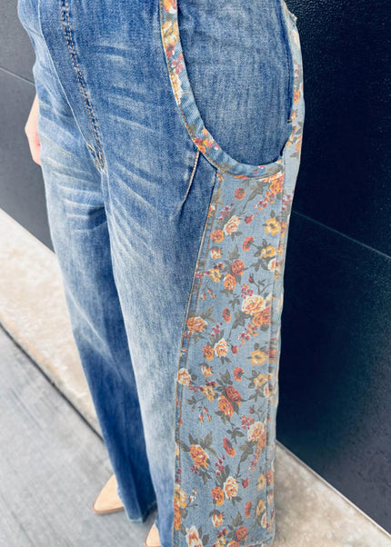 Peacock Blue Floral Patchwork Bib Denim Wide Leg Overalls