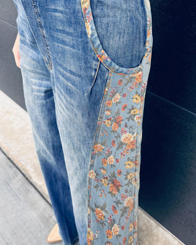 Peacock Blue Floral Patchwork Bib Denim Wide Leg Overalls