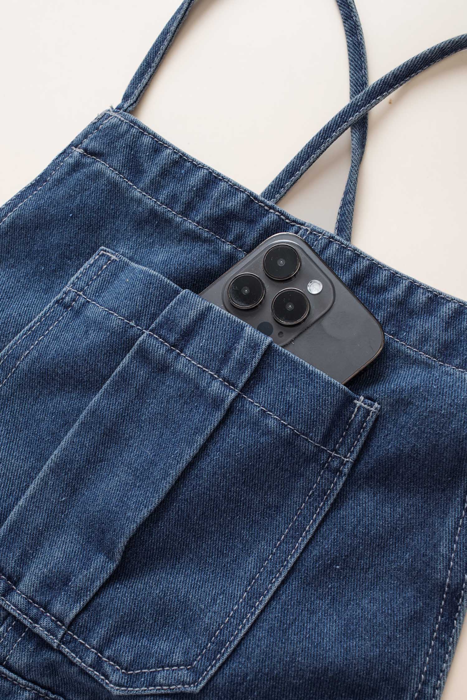 Dark Blue Crossed Tie Straps Bib Pocket Loose Denim Overalls