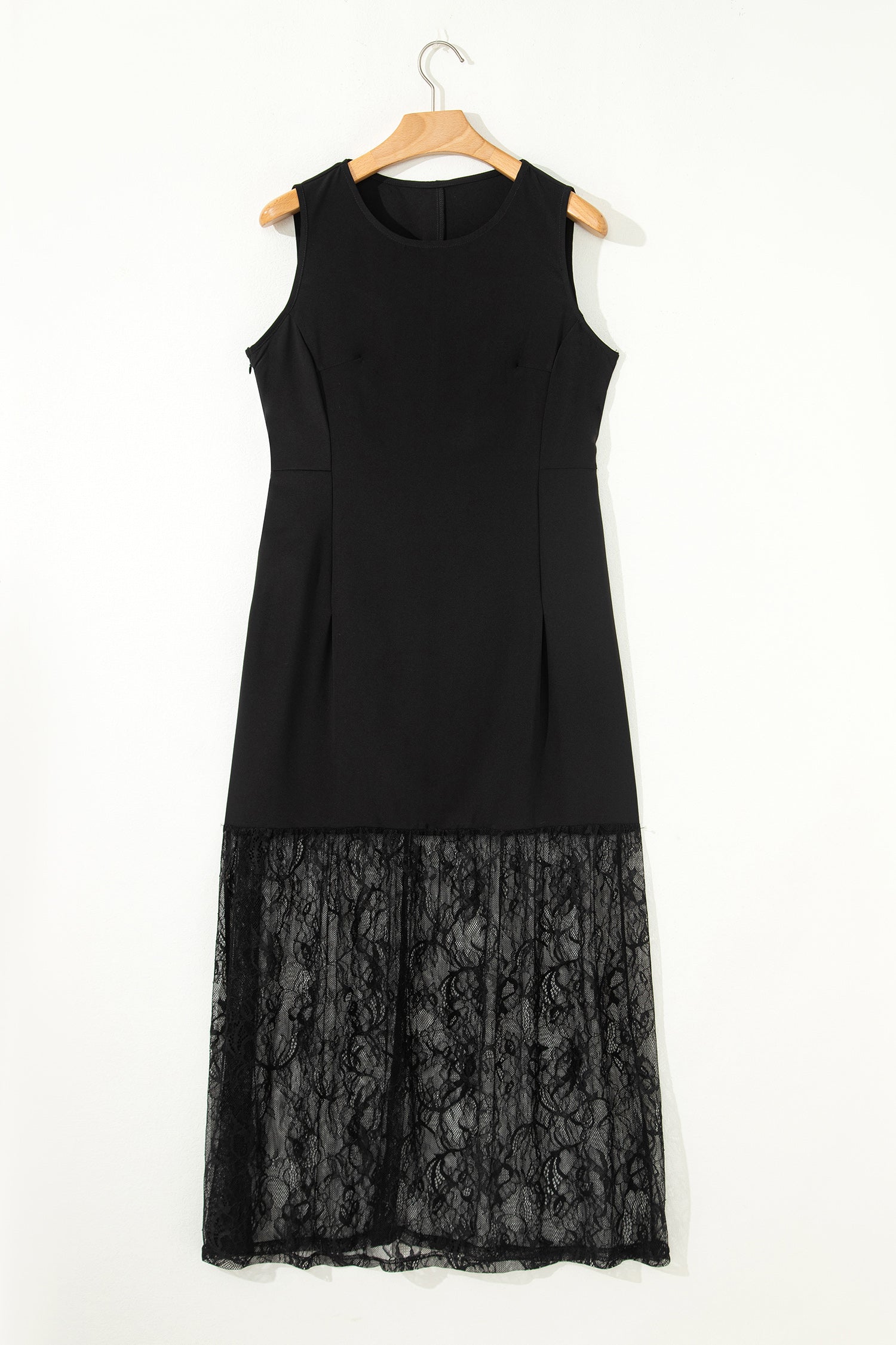 Black Solid Color Sleeveless Sheer Floral Lace Patchwork Long Dress