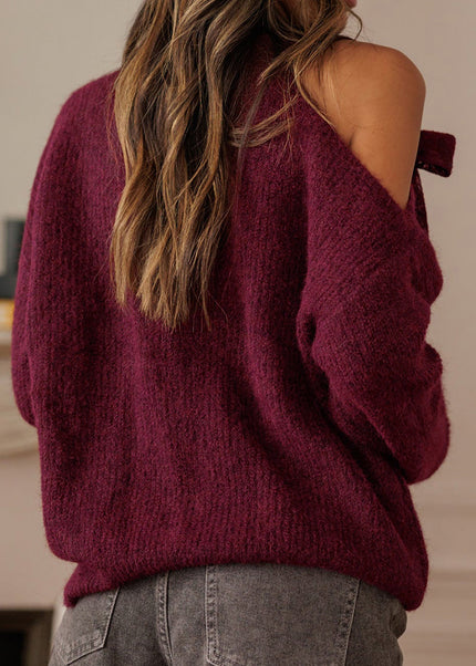 Burgundy Lace Bowknot Asymmetric Neck Sweater