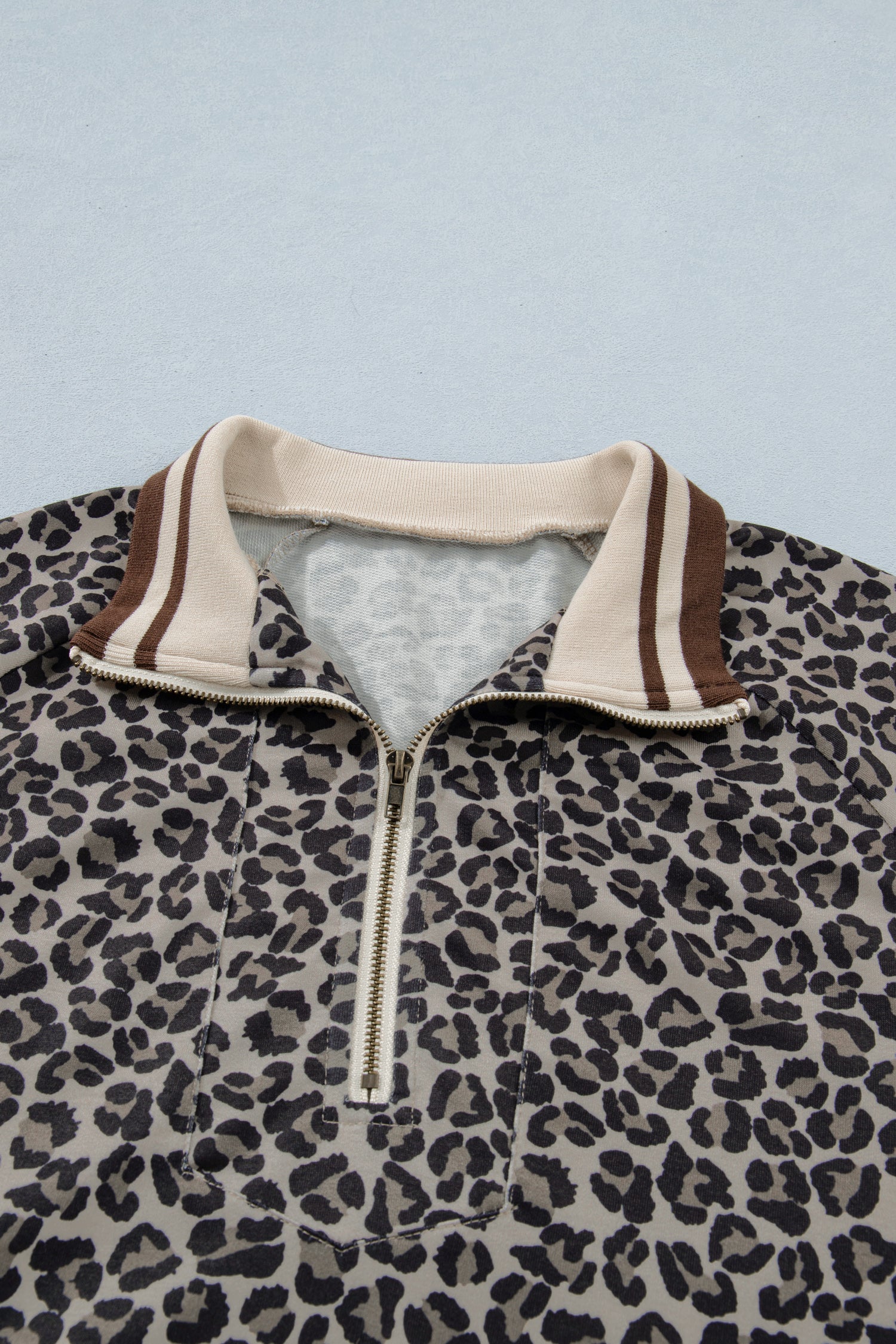 Khaki Leopard Print Half Zip Striped Trim Patchwork Short Sleeve Top