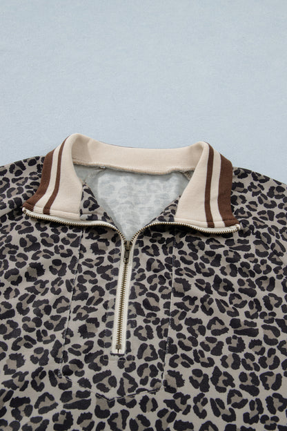 Khaki Leopard Print Half Zip Striped Trim Patchwork Short Sleeve Top