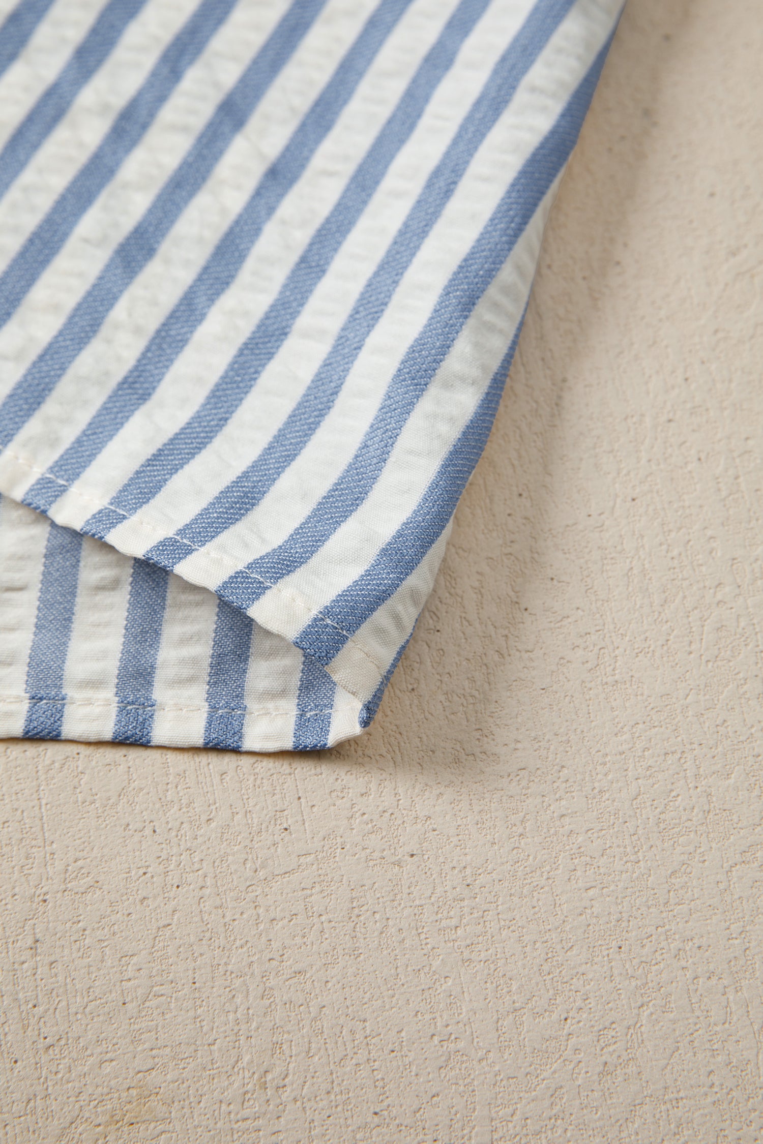 Sky Blue Stripe Leopard Trim V Neck Button Down Half Sleeve Shirt