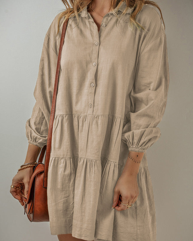 Tan Puff Sleeve Buttoned Tiered Pleated Shirt Mini Dress