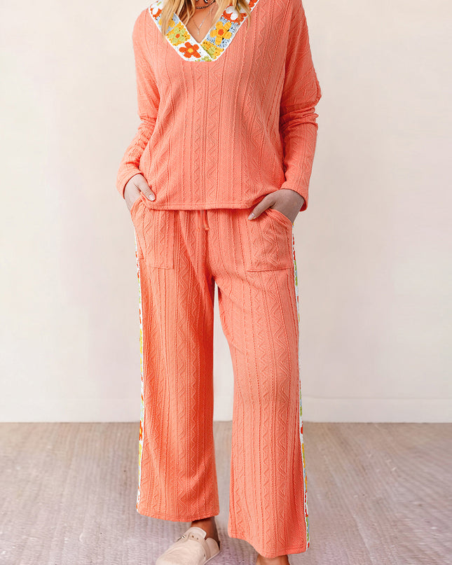 Grapefruit Orange Crochet Floral Accent V Neck Textured Pants Set
