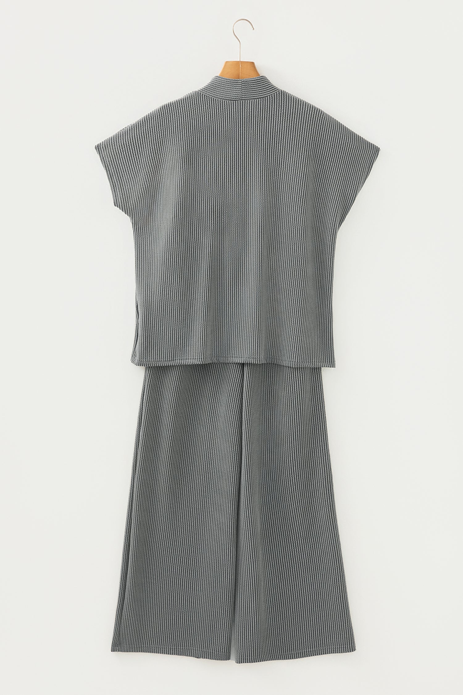 Dark Grey Twisted Ribbed High Neck Loose Tee Elastic High Waist Loose Pant Set