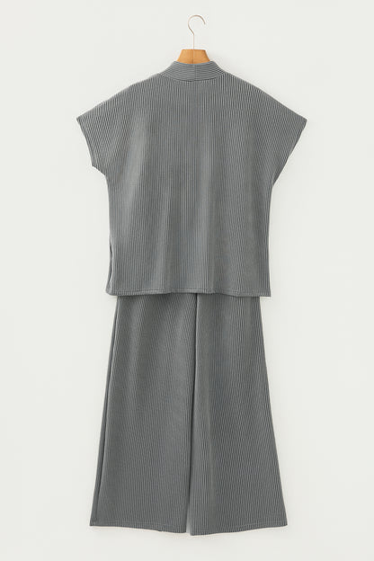 Dark Grey Twisted Ribbed High Neck Loose Tee Elastic High Waist Loose Pant Set