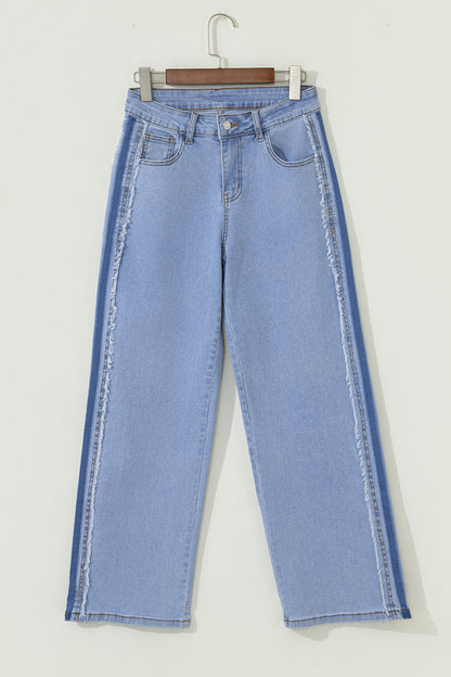 Beau Blue Contrast Stripe Frayed Side Panel Patchwork Shift Jeans